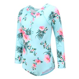 Big Girls Long Sleeve Rash Guard One Piece Swimsuits Zipper Front Bathing Suit Floral Sun Protection Size 16