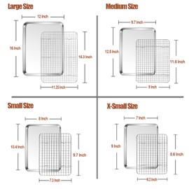 P&P CHEF 16 + 12.5 + 10.4 + 9 Inch Baking Sheet and Rack Set, 8Pcs Stainless Steel Cookie Sheets Oven Baking Pans Trays with Cooling Racks for Cooking, Oven & Dishwasher Safe, Pans with Grid Racks