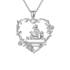 Flpruy 925 Sterling Silver Book Lover Necklace for Women Graduation Gift for Book Lovers and Librarians, Sterling Silver, No Gemstone