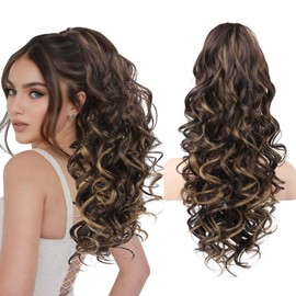 REECHO Ponytail Extension, 24" Claw Clip in Ponytail Extensions Long Curly Wavy Jaw Clip on Pony Tails Hairpiece for Women, Dark Brown with Highlights