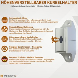 markiso® Crank Holder for Roller Shutter Crank [Made in Germany] Magnetic Holder for Awning Crank [3-Piece Height Adjustable], Wall Bracket for Cranks with Diameter of 12-17 mm, Colour: White