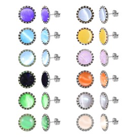 JMLOON 12 Pairs Colored Cat's Eye Gemstone Stud Earrings, 18K Gold Plated Surgical Stainless Steel Multicolor Gem Stone Stud Earrings Set for Women (Silver 8mm)