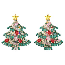 BriLove Gorgeous Stunning Christmas Tree Earrings Layer Emerald Cut Teardrop Marquise Rhinestone Crystal Cluster Star Dangle Earrings for Women Party Holiday Red Gold-Tone