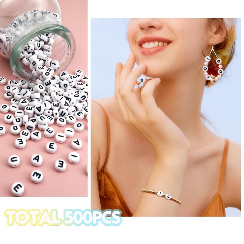 TOAOB 500pcs 4x7mm Vowels Letter Beads Round White Letter Beads
