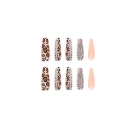 JUSTOTRY 24 Pcs Leopard False Nails Long with Diamond,Brown French Press on Nails Patterns,Nude Ballerina Stick on Nails for Women,Acrylic Coffin Fake Nails Medium for Nail Art