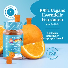 Novomins Kinder Omega 3 6 9 Gummibärchen – Vitamin D & Vitamin E – Omega 3 Vegan – 1 Monatsvorrat – Nahrungsergänzungsmittel zum Kauen – Pflanzliche Alternative zu Fischöl – Kinder Vitamine von Novomins