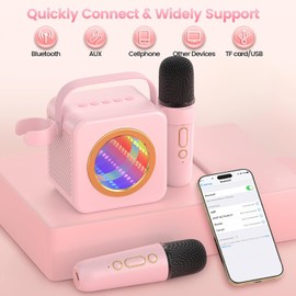 Karaoke Machine Gifts for Kids Adults: Mini Karaoke Speaker Machine with Wireless Microphones Colorful LED Light Christmas Birthday Gifts for Girls Boys 4 5 6 7 8 9 10 11 12+ Years Old(Pink)
