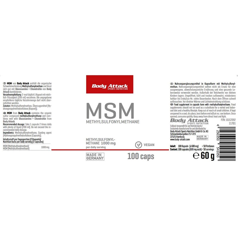 Body Attack - MSM 100 Capsules - 100% Pure, Highly