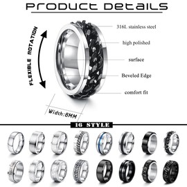 JeryWe 16Pcs Stainless Steel Band Rings for Men Women Fidget Rings for Anxiety Cool Spinner Chain Rings Weddings Promise Band Rings Mens Rings Pack Size 7