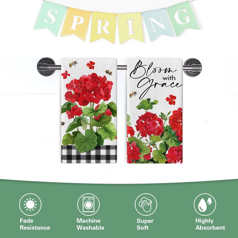 Uruney Spring Summer Geranium Flower Kitchen Dish Towels Set of