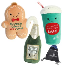 Aurora Palm Pals JUST Sayin' Christmas Party Bundle: 13" Feelin' Bubbly, 11" Merry Little Latte, and 11" Christmas Calories with Exclusive Myriads Drawstring Bag