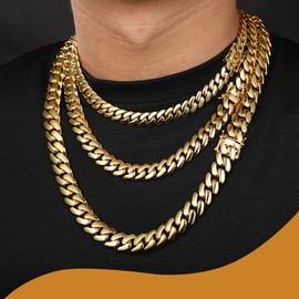 LuxLife 10mm Gold Plated Stainless Steel Cuban Link Chain Necklace & Bracelet - Heavy Duty Smooth Finish Buckle(20 Inch)