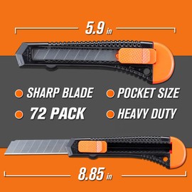 REXBETI Utility Knife, Retractable Box Cutter for Cartons, Cardboard and Boxes, 18mm Wider Razor Sharp Blade, Smooth Mechanism, Perfect for Office and Home use (72 Pack)