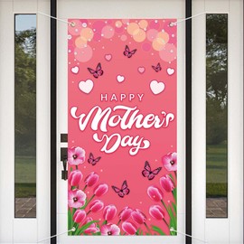 Celebrate with Style Large, Happy Mother's Day Banner Decorations Mothers Day, Mother Day Banner Door Cover, Pink Floral, Flowers Tulip Heart Hanging Background for Indoor Outdoor Party Supplies