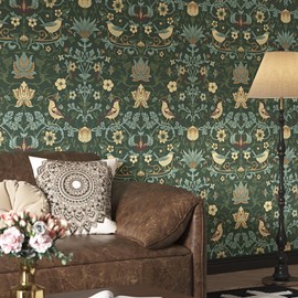 WESTICK Dark William Morris Wallpaper Vintage Green Floral Wallpaper Peel and Strick Floral Contact Paper for Walls Removable Adhesive Botanical Wall Paper for Bedroom Kitchen Cabinets 17.5in x 8.6 ft