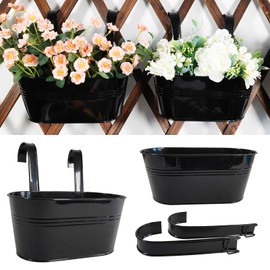 Joyfernal 2 Pack Metal Hanging Planter for Outdoor Plants, 10 Inch Black Fence Planters Railing Pots for Garden Patio Balcony Decor, Flower Bucket with Detachable Hooks (Black, 2Pcs)