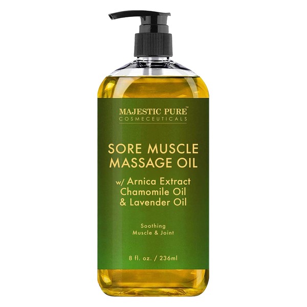 MAJESTIC PURE Arnica Sore Muscle Massage Oil for Body - Natural Oil with Lavender and Chamomile Essential Oils - Warming, Relaxing, Massaging Joint & Muscles - 8 fl. oz.