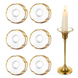 Hewory Glass Bobeches for Candlestick Holders, 12 Pcs Candle Drip Protectors Rings for Tapers, Wax Drip Catcher for Tapered Candlestick Candle Holder for Wedding Party Church Home (Scallop, Gold Rim)