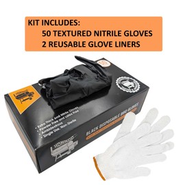 HDMNDD Black Disposable BBQ Gloves Kit with 50 Heavy Duty Textured Fingertip Grips and 2 heat resistant, washable, reusable Glove Liners for Grill BBQ Cooking Gloves, Meat Gloves for Pulling Meat