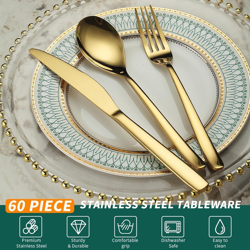 Berglander Gold Wedding Silverware Set 60pcs Service for 20, Titanium