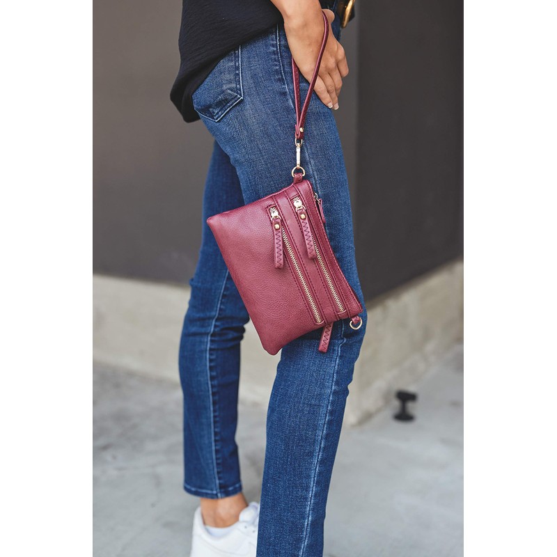 Multi Zipper Pocket Small Wristlet Crossbody Bag (Fuchsia)