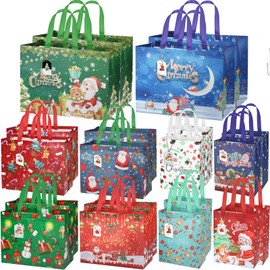 BorKinHa 20 Pack Christmas Gift Bags Reusable Tote Bag Assorted Sizes Including 4 Extra Large, 8 Large, 8 Medium, Non-Woven Christma's Bags for Gifts Christmas Party Supplies with 20Pcs Gift Tags