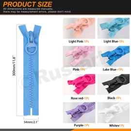 Rustark 8Pcs #20 Super Large Colorful Plastic Zipper Assortment Kit Heavy Duty Zippers Oversized Plastic Huge Zipper Separating Zippers for DIY Sewing Tent Coat Down Jacket Boat Cover Canvas