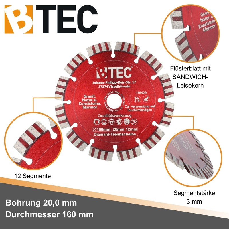 Diamond Plunge Saw Blade Diameter 160 mm Bore 20 mm