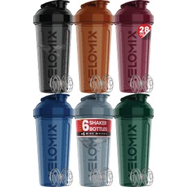 VELOMIX -6 PACK- 28 oz Protein Shaker Bottle for Protein Mixes -6x Wire Whisk | Leak Proof Shaker Cups for Protein Shakes | Large, Stackable Protein Shaker Bottle Pack