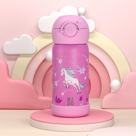 B2DO Double-Walled Stainless Steel Thermal Flask for Children, Pink, Unicorn, 350 ml, Leak-Proof Insulated Children's Water Bottle for School, BPA-Free Drinking Bottle with Straw for Children