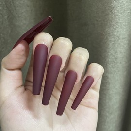 AddFavor XXL Extra Long Press on Nails Coffin Matte Fake Nails Full Cover Acrylic False Nails 12 Sizes 120pcs Burgundy Nail Tips for Women Fingernails Manicure Design