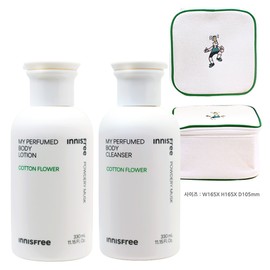 Innisfree My Perfumed Cotton Flower Body Lotion + Cleanser + Play Green Cosmetic Pouch (Green) / 이니스프리 마이 퍼퓸드 코튼플라워 바디 로션+클렌저+플레이그린 화장품 파우치 (그린)
