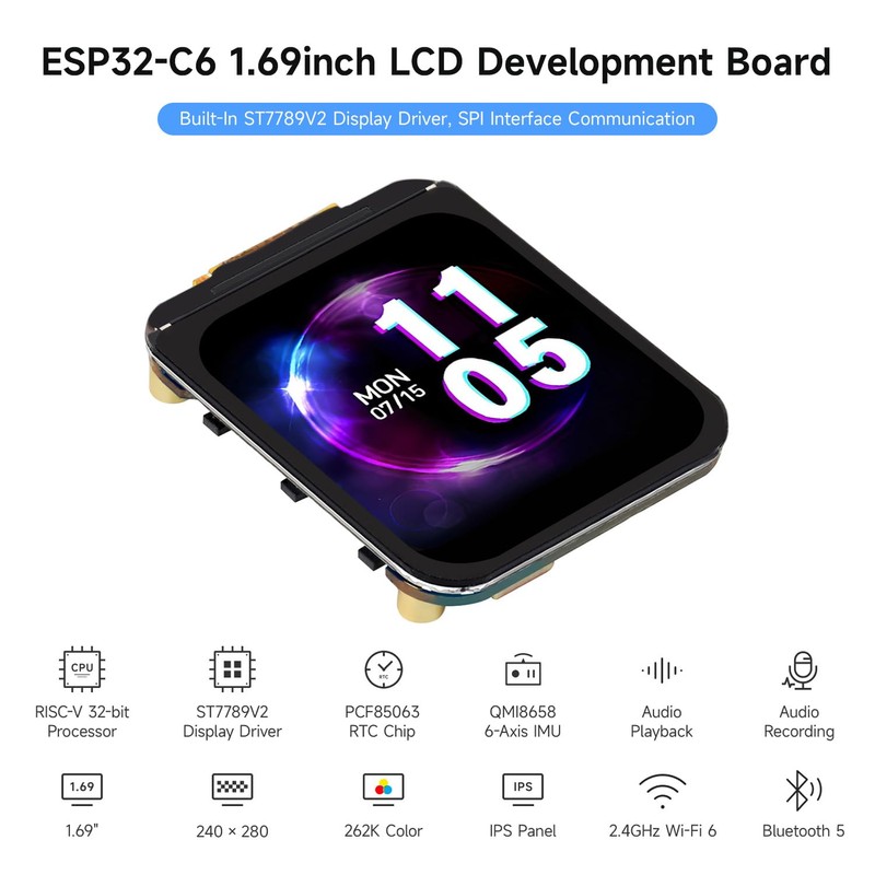 Waveshare ESP32-C6 1.69inch LCD Development Board, 240×280 Pixels, Supports Wi-Fi