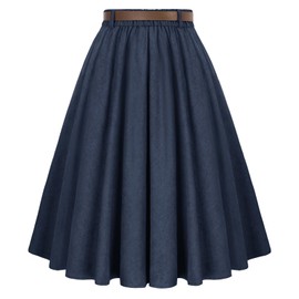Belle Poque Women's Vintage Skirts Retro Stretch High Waist A-Line Flared Midi Skirts with Pockets & Belt, Navy#633