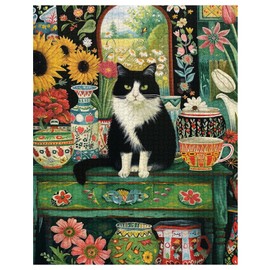 Cat Sit on Table Jigsaw Puzzle Kitten 1000 Pieces Puzzles Game Flower Floral Art Wall Decor DIY Craft Puzzle for Adults Gift for Friends and Family 20 x 27 Inch