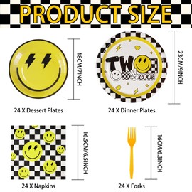 96 Pcs Two Cool Dude Birthday Party Decorations 350 GSM 2nd Birthday Party Supplies Tableware Set for Two Year Old Happy Dude Yellow Black Lightening Checkered Party Baby Shower Decor Serves 24 Guests