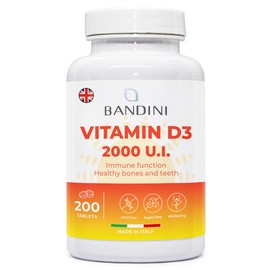 Bandini® Vitamin D 2000 IU 200 Tablets (6 Month Supply) - High Dosage - 50 mcg of Cholecalciferol - Immune defenses, Bone, Tooth and Muscle Health - Calcium Metabolism - Pure Vitamin D3