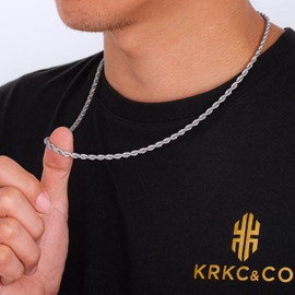 KRKC&CO Rope Chain Necklace for Men, Silver Color Chain for Men 4mm, PVD Plating Stainless Steel Twist Chain, Nickel-Free Hip Hop Jewelry for Men, 22inches