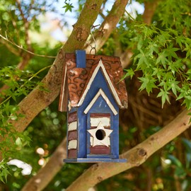 Glitzhome 12" H Hanging Birdhouse Patriotic Distressed Wooden Cottage Decorative Garden Bird House for Outside