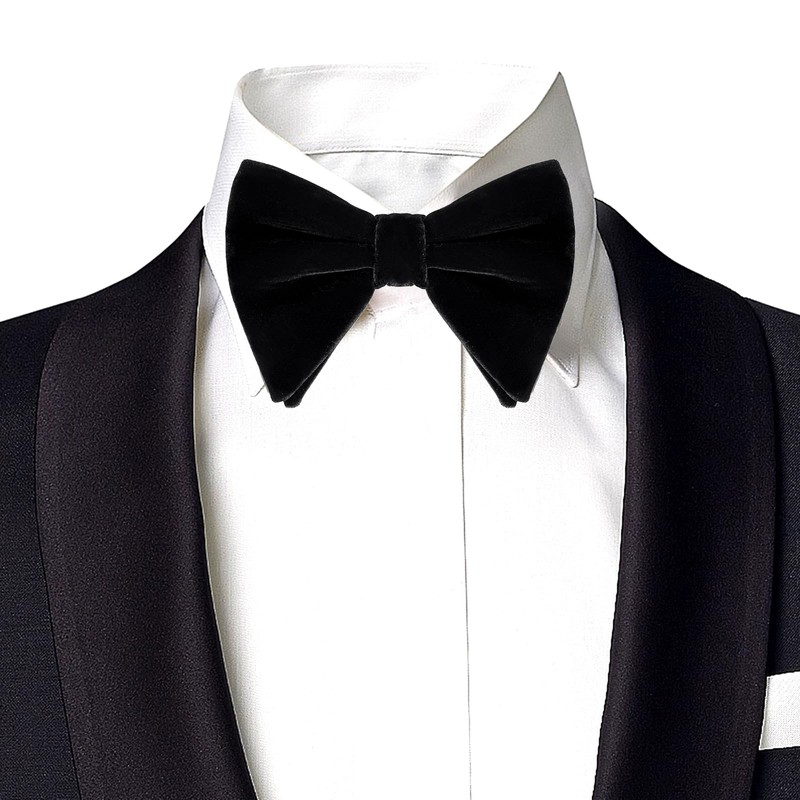 Black Velvet Bow Tie Pocket Square Cufflinks Set for Men,