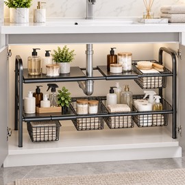 Expandable Under-Sink Organizer for Kitchen & Bathroom – Single-Tier 3-Panel Cabinet Shelf Storage Rack