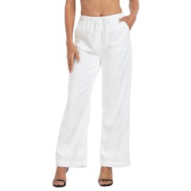 HDE Women's Linen Drawstring Pants Wide Leg Casual Palazzo Trouser with Pockets White - L Short