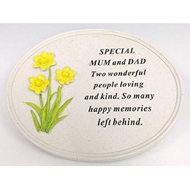 David Fischhoff Mum & Dad Double Heart Flower Graveside Memorial Ornament Verse Plaque, Waterproof and Weather Resistant for Indoor & Outdoor Use, 18 x 15 cm