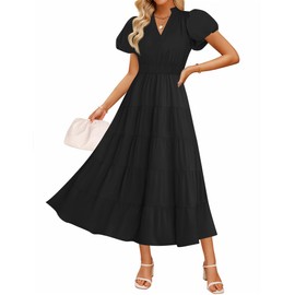 ZESICA Women's Summer Casual Maxi Dress 2025 Puff Short Sleeve V Neck Ruffle Tiered Flowy Boho Beach Dresses,Black,Large