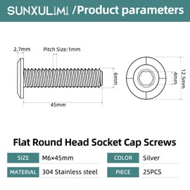 SUNXULIMI M6 x 45mm Flat Round Head Hex Socket Cap Screws Bolts, Furniture Screws, Metric Allen Hex Drive, Stainless Steel 304, Bright Finish, Fully Threaded, 25PCS
