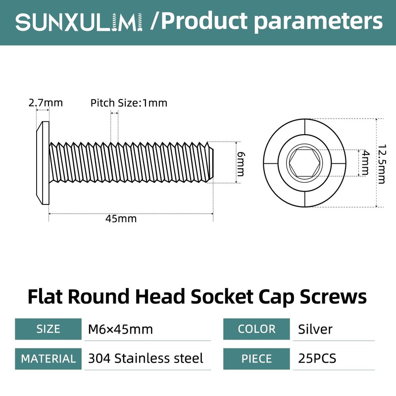 SUNXULIMI M6 x 45mm Flat Round Head Hex Socket Cap