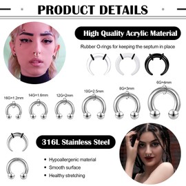 ONESING 30Pcs Septum Pincher Tapers 16G-6G Acrylic Stainless Steel Septum Stretching Kit Internally Threaded Spike Horseshoe Pincher Septum Rings Ear Cartilage Nose Stretch Kit for Women Men