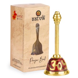 SATVIK 1 Pc Brass Embosed Puja Bell Indian Religious Diwali Festive Daily Pooja Home Mandir Temple Office Ghanti Wedding Christmas Handheld Call Bell Spirtiual Housewarming Return Gifts Items