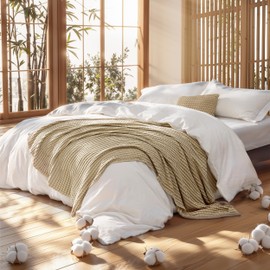 Bedsure 5 Pieces Cotton Comforter Set with Cotton Waffle Throw Blanket - White Comforter King Size, Pillow Shams, Taupe Cooling Blanket of Rayon Derived from Bamboo for Hot Sleepers, Throw Pillow