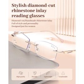 LUFF Rimless Reading Glasses for Women,Stylish Blue Light Blocking Computer Readers,Anti Eyestrain Frameless Lens diamond